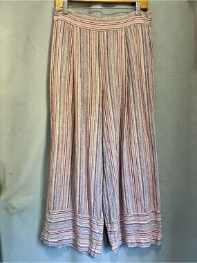 Linen Blend Wide Leg Crop Pants Womens Large Striped Gauze Palazzo Pink Boho
